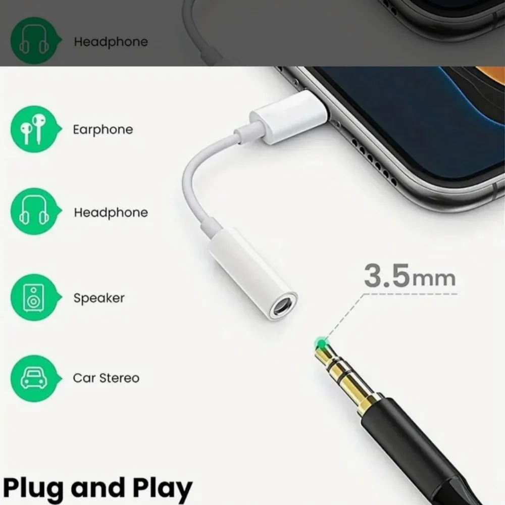 White Audio Adapter3.5mm Jack Aux Cord Dongle Audio Cable Connector For Iphone